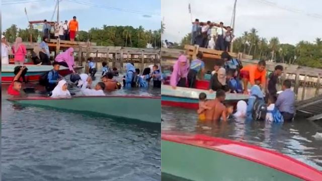 murid lengkap seragam sekolah menangis ketakutan, jeti roboh di semporna, sabah