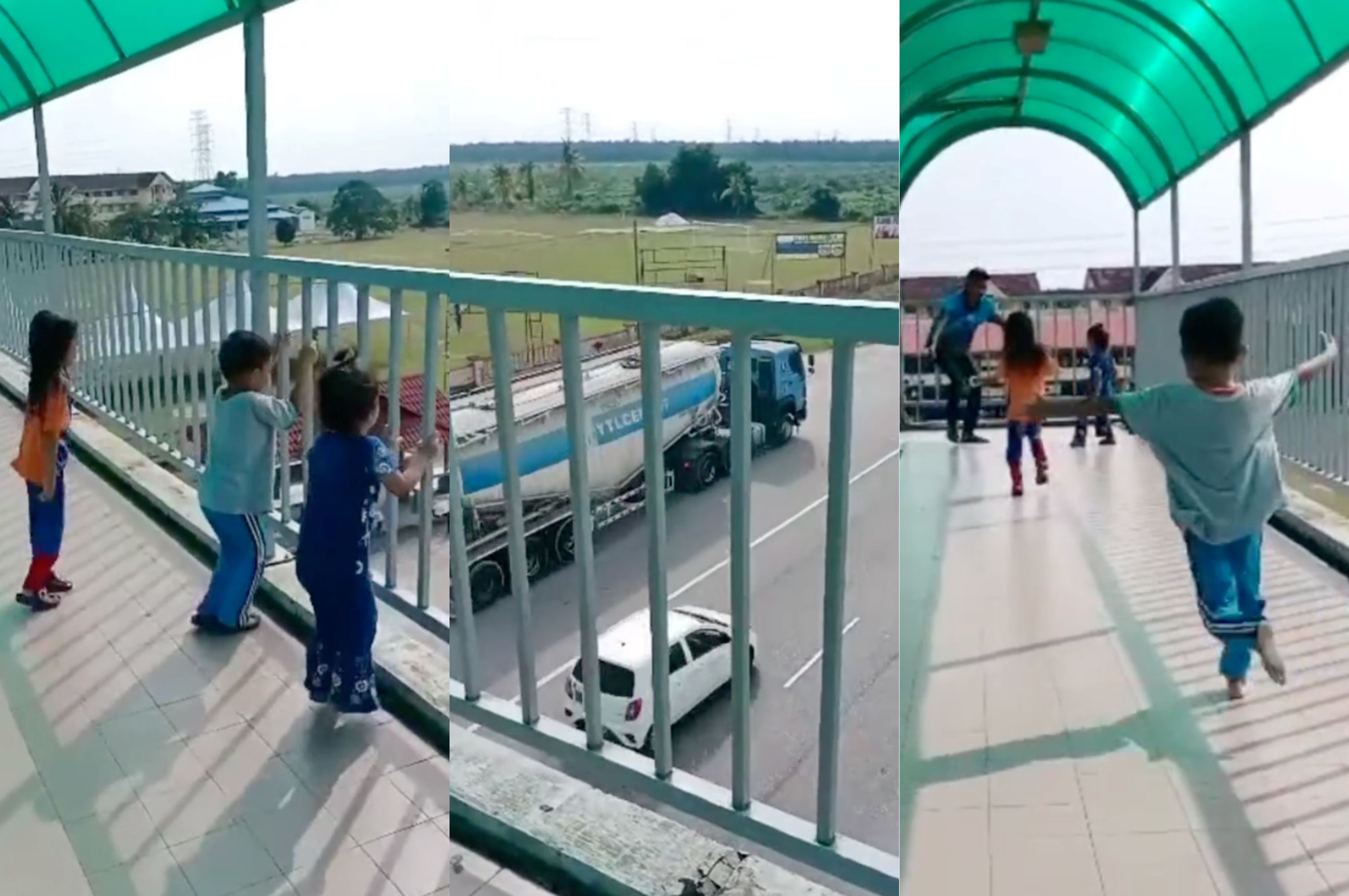 dedicated lorry driver father takes time to see family at pedestrian bridge during long hauls