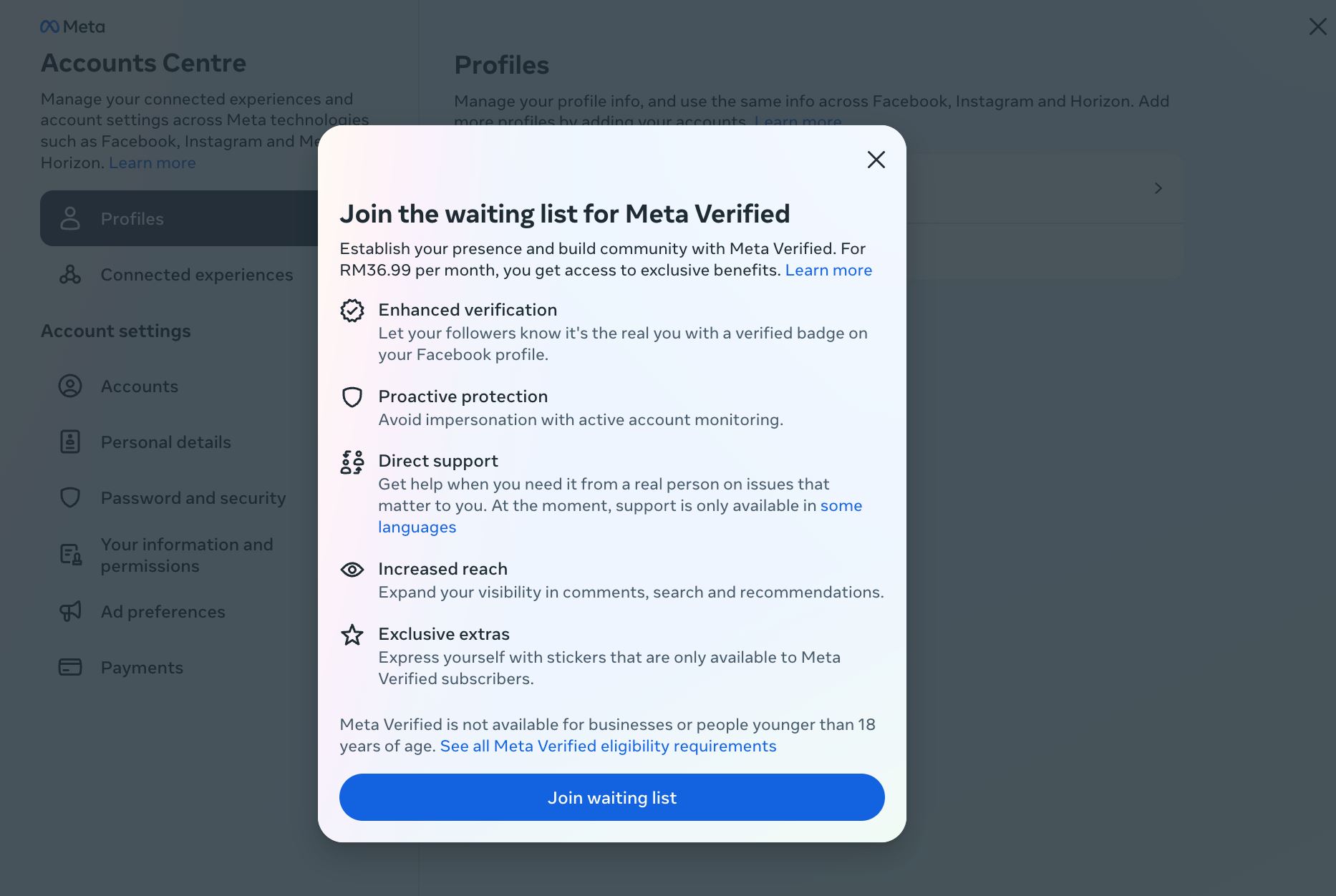 meta tawar tanda calit biru pada ig dan fb dengan bayaran bulanan di malaysia