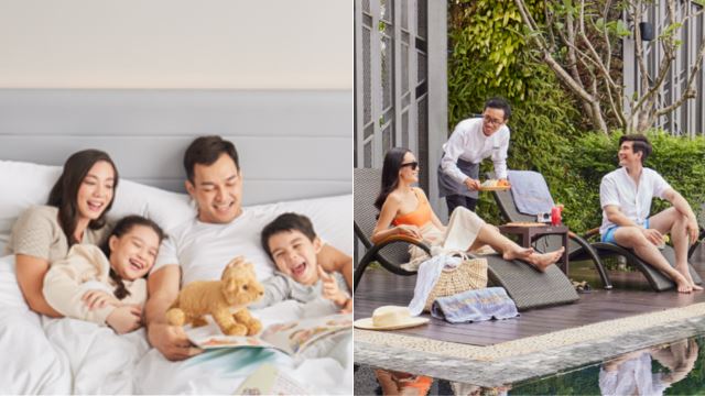 family on bed in Courtyard Melaka’s hotel room and guests by the pool being waited on