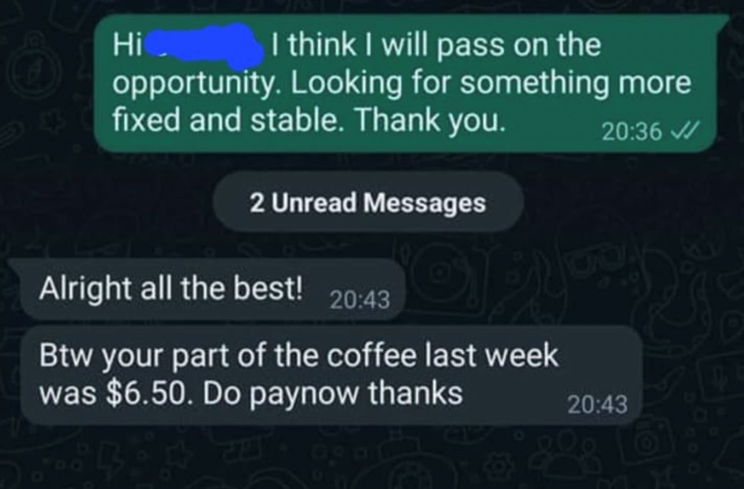 job applicant surprised as recruiter requests payment for coffee after rejecting job offer