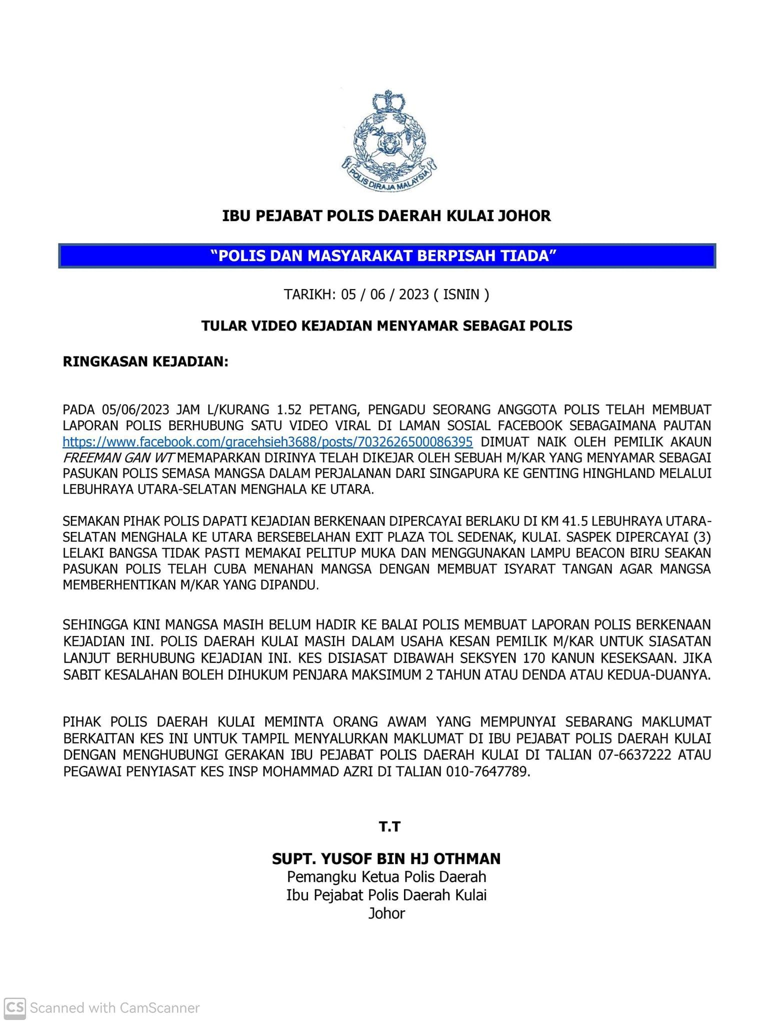 tiga lelaki menyamar polis, kejar kereta atas highway plus di johor
