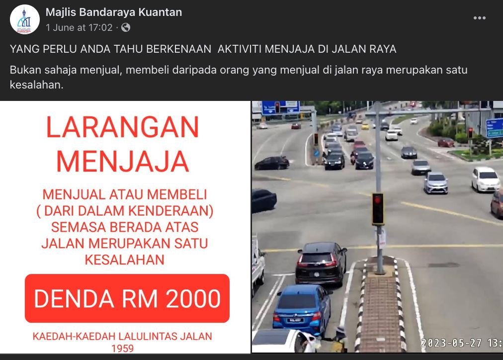 awas, penjual dan pembeli di lampu isyarat sekitar kuantan akan disaman