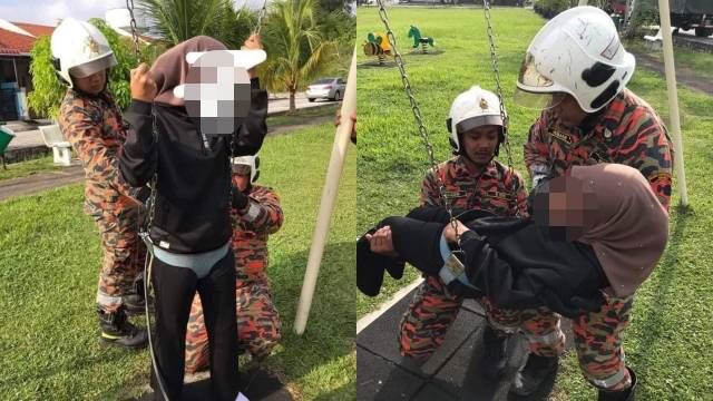 padah seronok tak bertempat, gadis tersangkut di buaian kanak-kanak