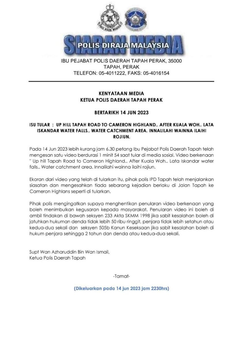 polis nafi video viral suv dihanyut air berlaku di tapah