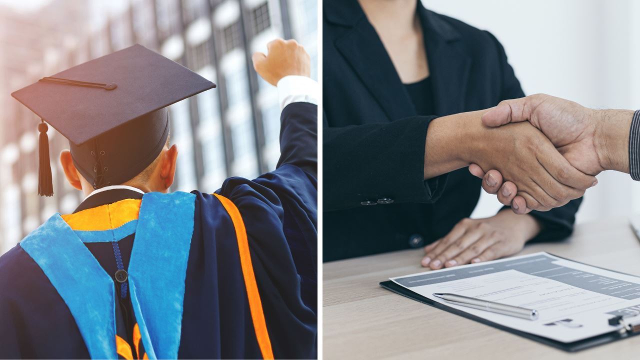 a boy in a graduation attire and a woman shaking hands