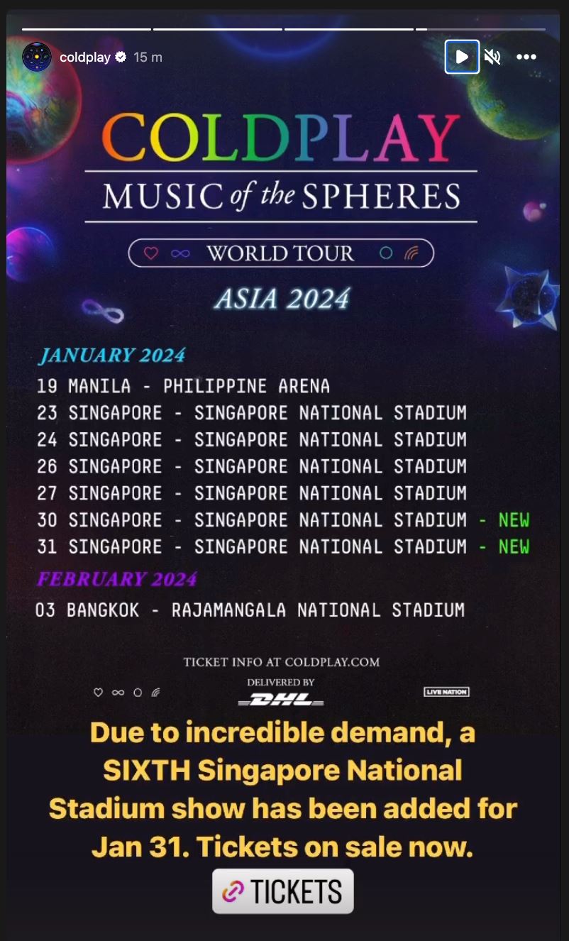 tak cukup lima, coldplay tambah hari keenam jelajah di singapura!