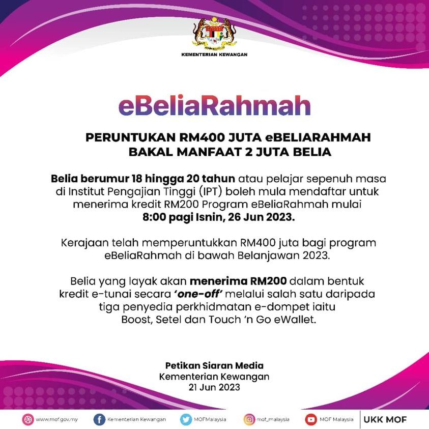 belia dan pelajar ipt boleh mula daftar ebelia rahmah isnin ini