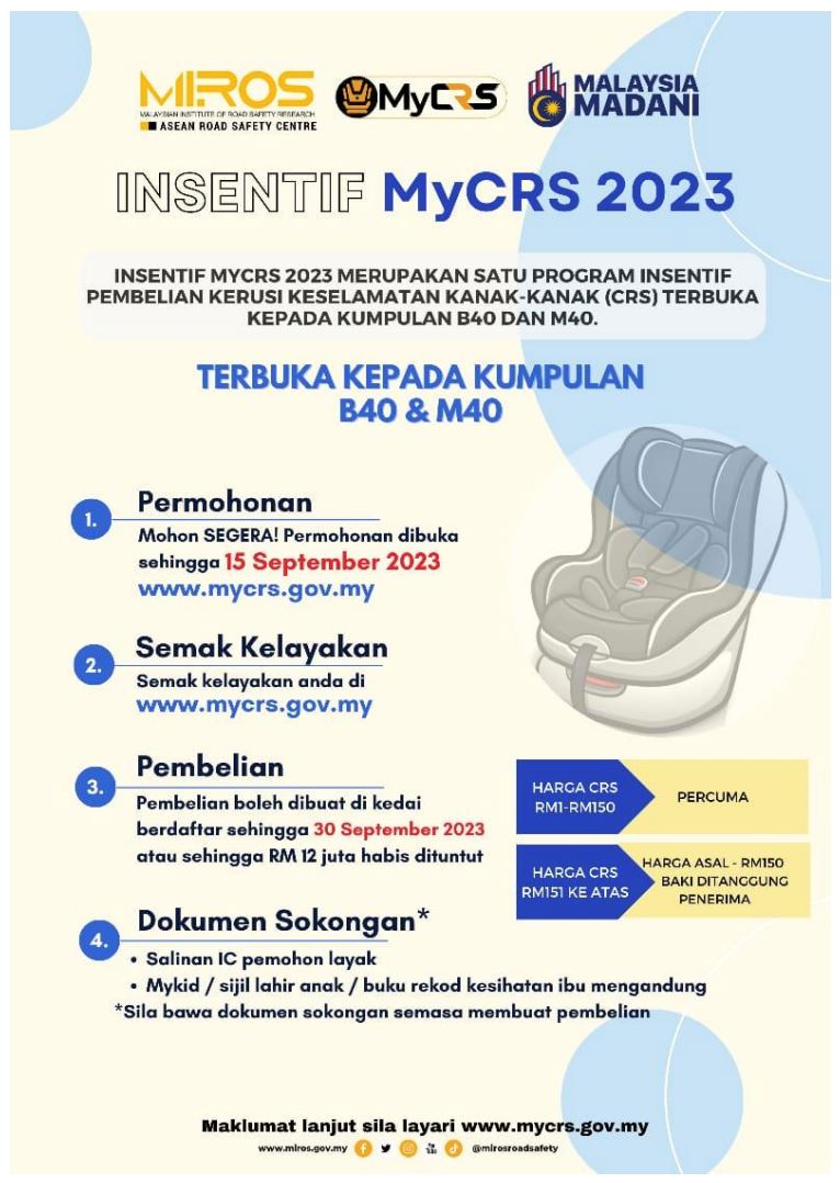 ibu bapa b40, m40 boleh mohon car seat percuma untuk anak. ini caranya!