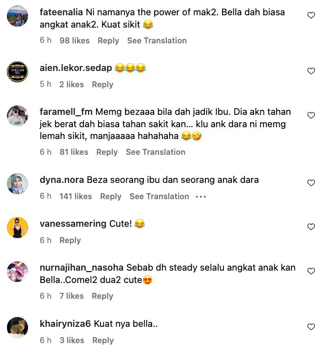 walau badan kecil, bella astillah selamba dukung ruhainies tanpa masalah, “power of mak-mak!”