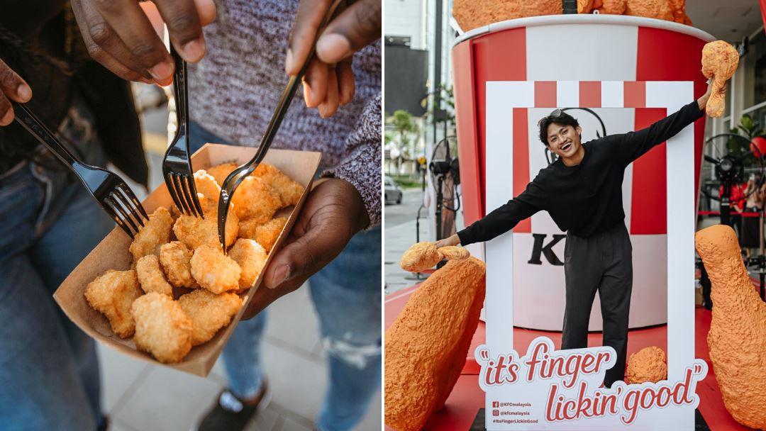 Nugget and a man posing in front of KFC