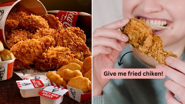 KFC Bucket Kongsi and girl biting into fried chicken