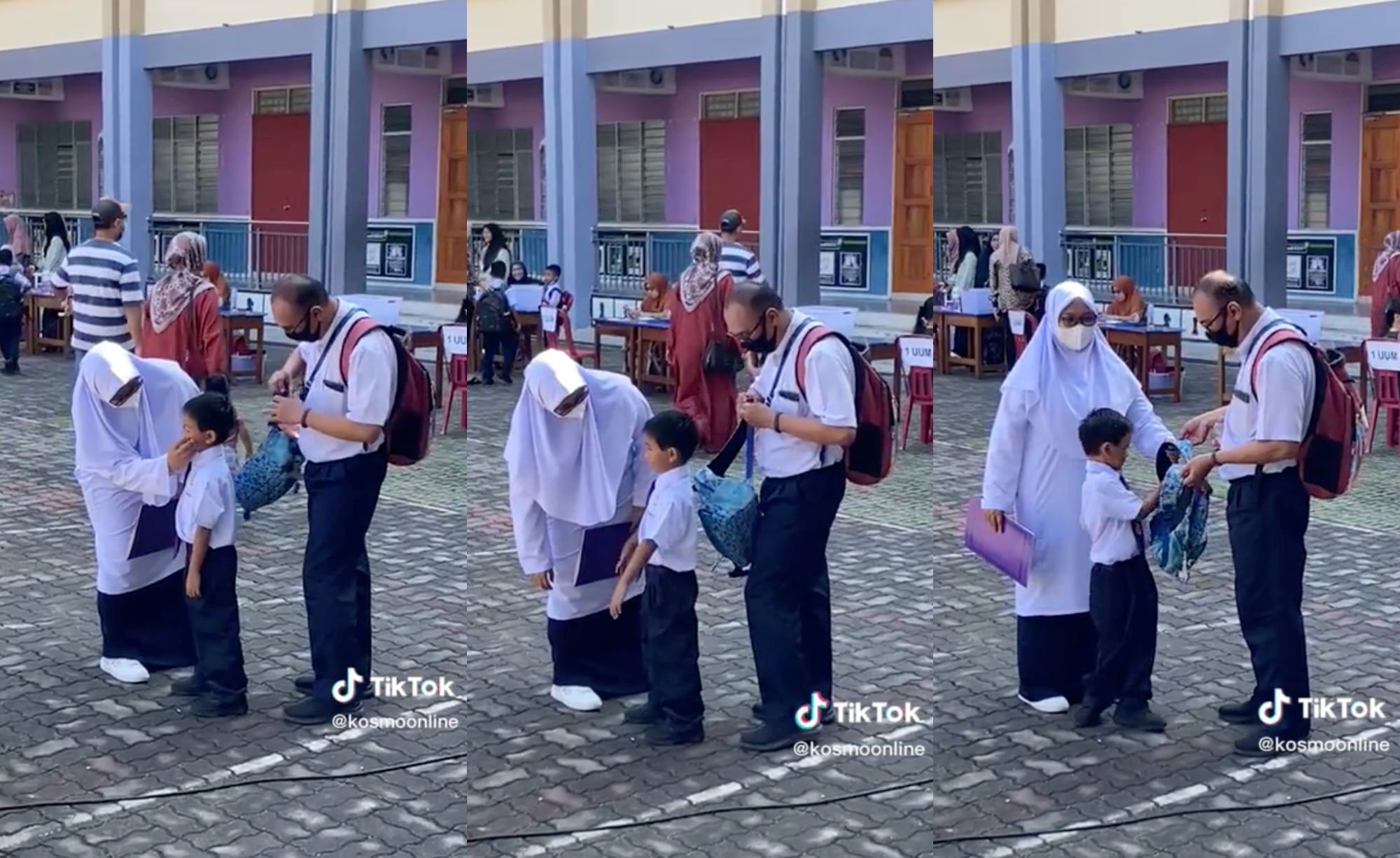 cute! m’sian parents seen in school uniform to encourage their son on his first day of school