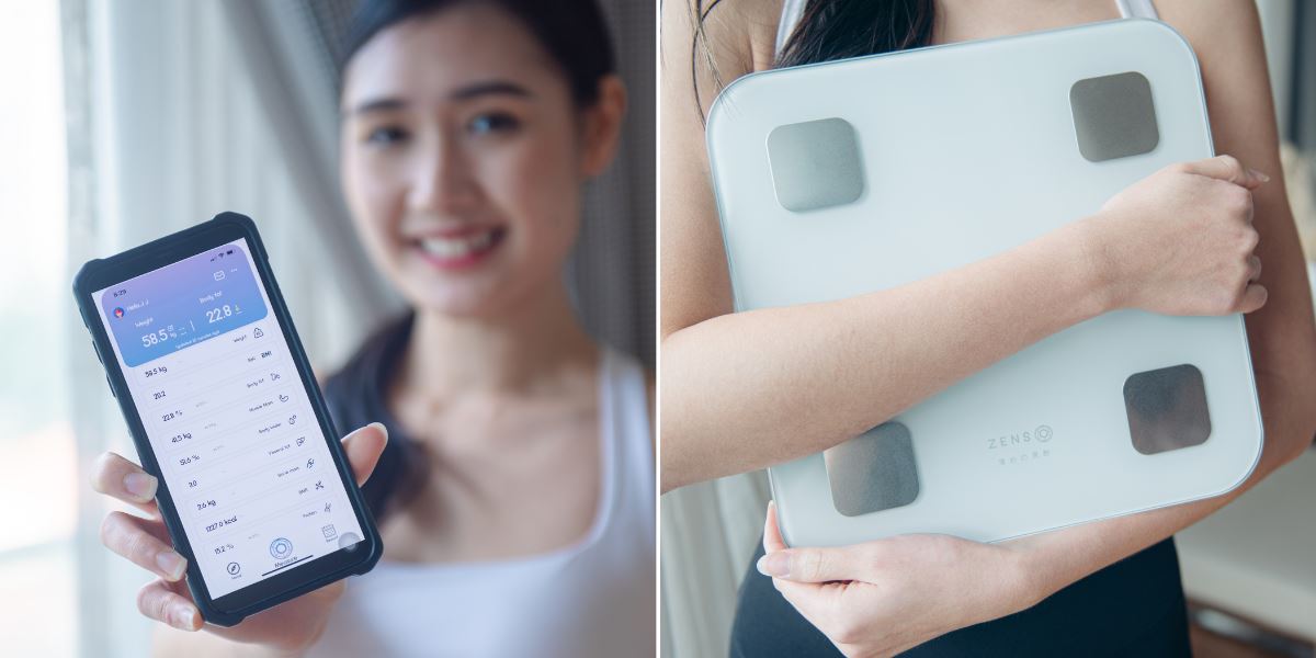 Happy girl showing Zenso app and Zenso smart weighing scale