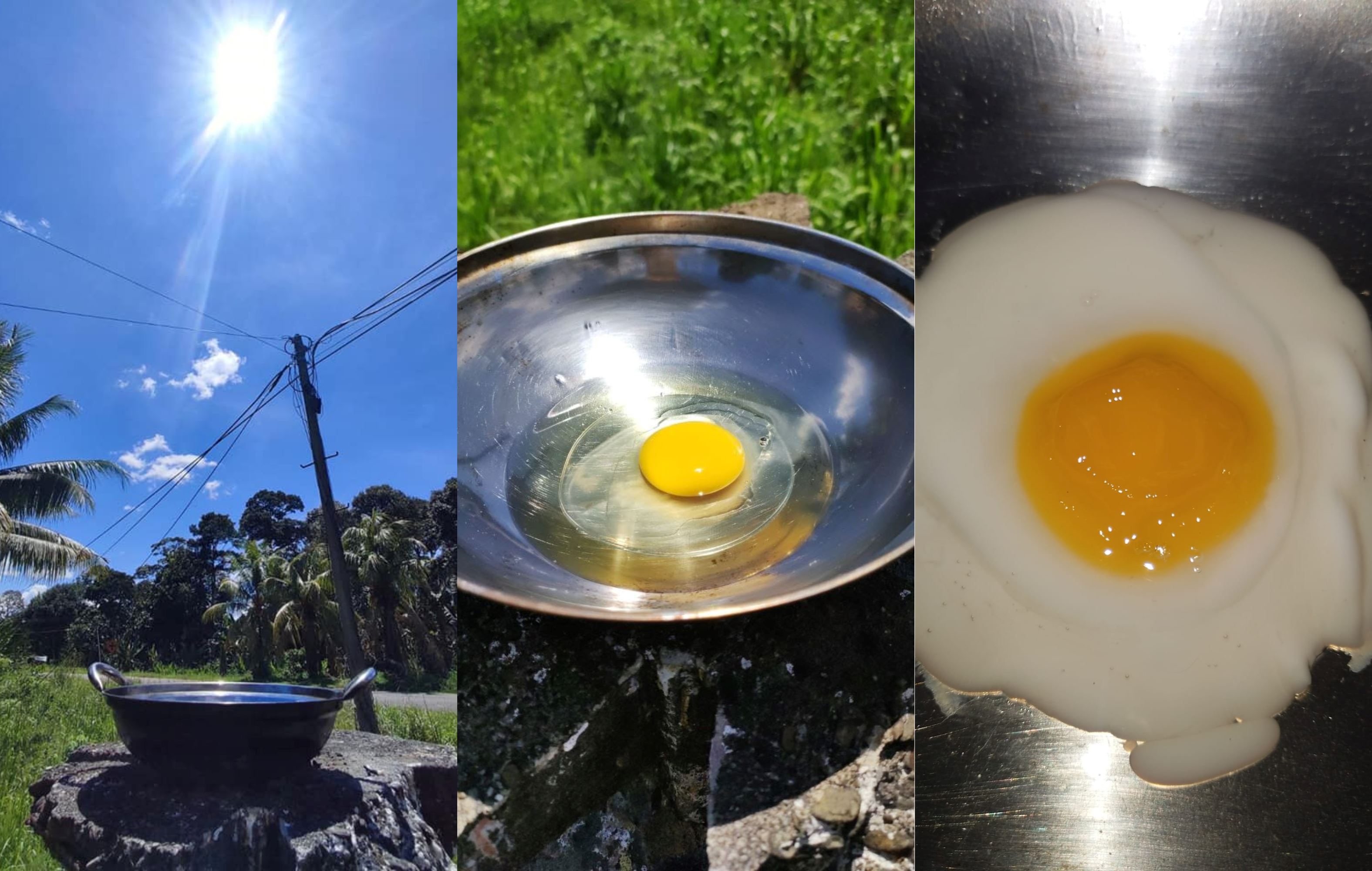 woman in sabah demonstrates the scorching heat by cooking an egg under the sun