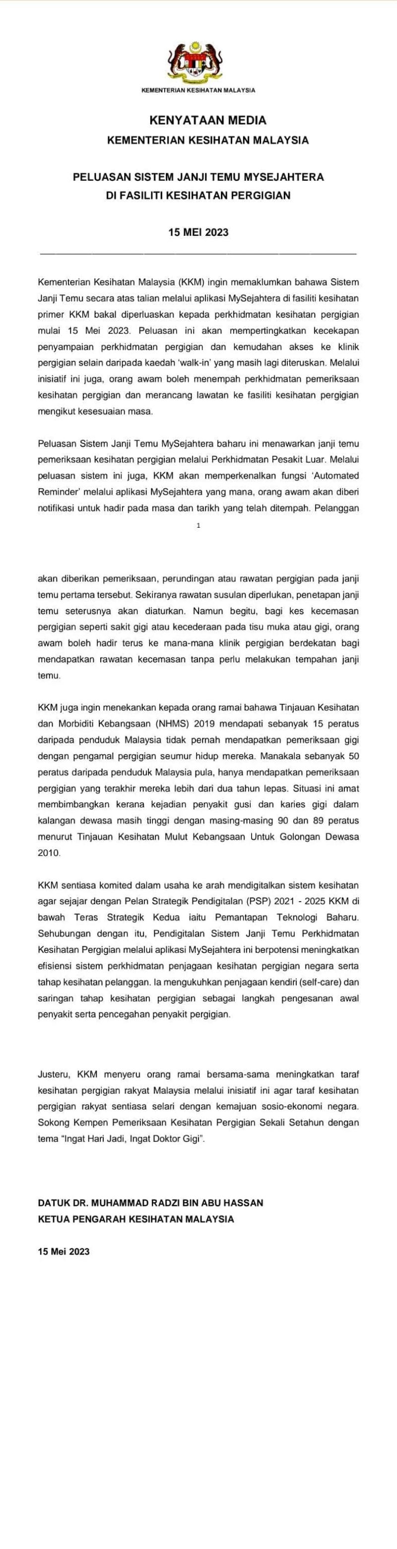 kini dah boleh buat temu janji rawatan pergigian guna mysejahtera!