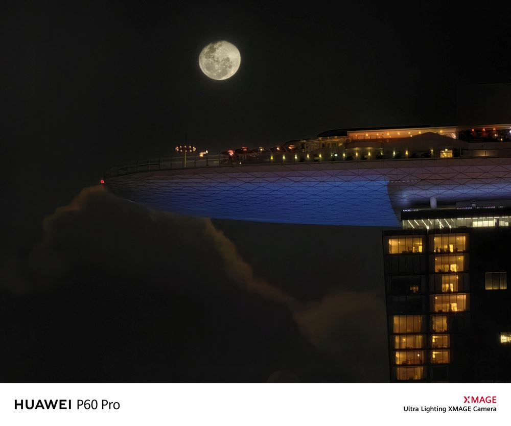 Night view of moon and Marina Bay Sands, Singapore