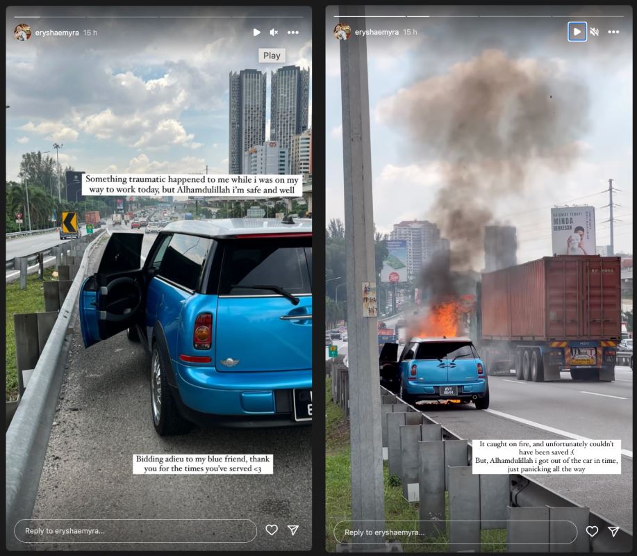 kereta tiba-tiba terbakar, mujur erysha emyra sempat keluar