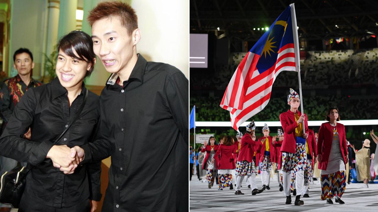 Two athletes shaking hands and a group of people with the Malaysian flag