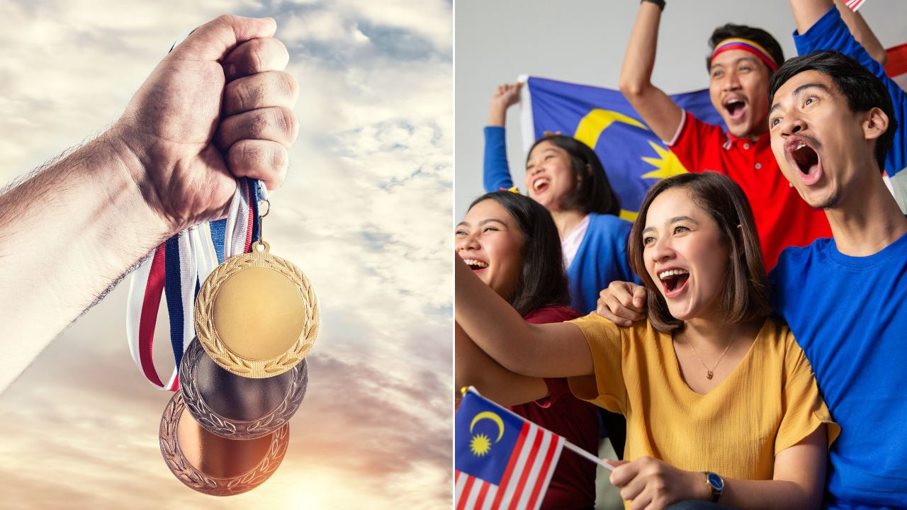 Medals and people cheering with Malaysia flag