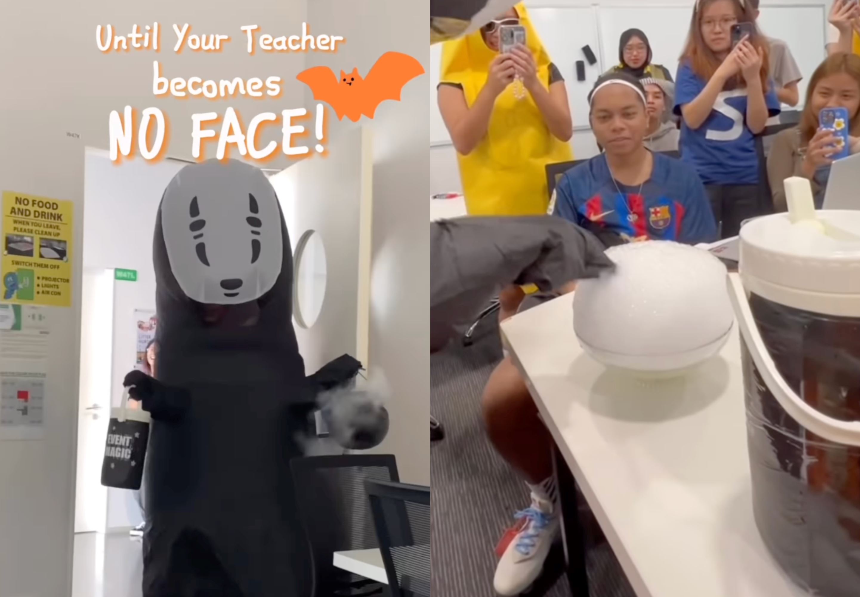 singaporean lecturer transforms into no-face for halloween, gives lecture in costume