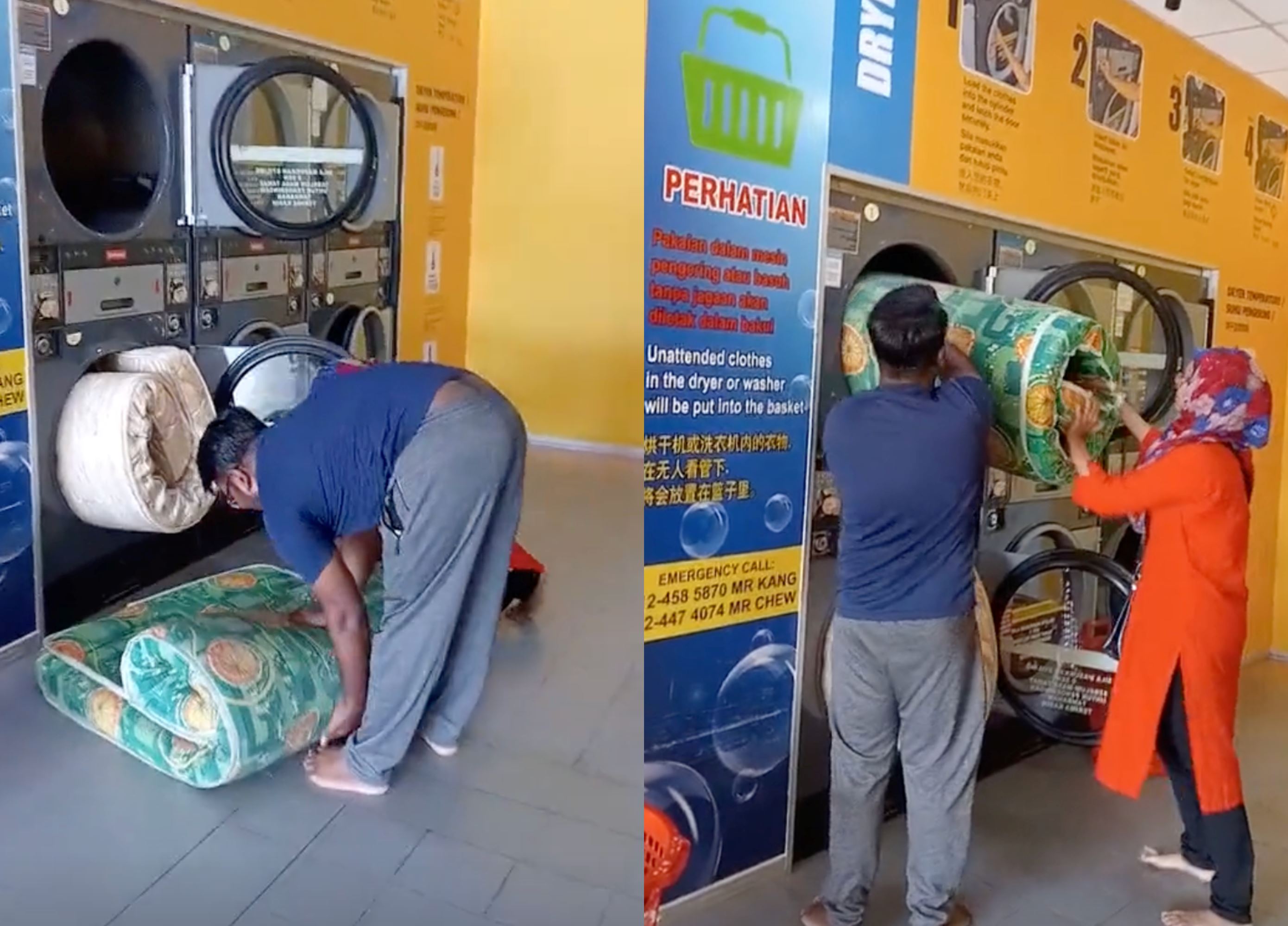 m’sians captured on cctv attempting to squeeze mattress into laundromat dryer, leaving owner astonished!