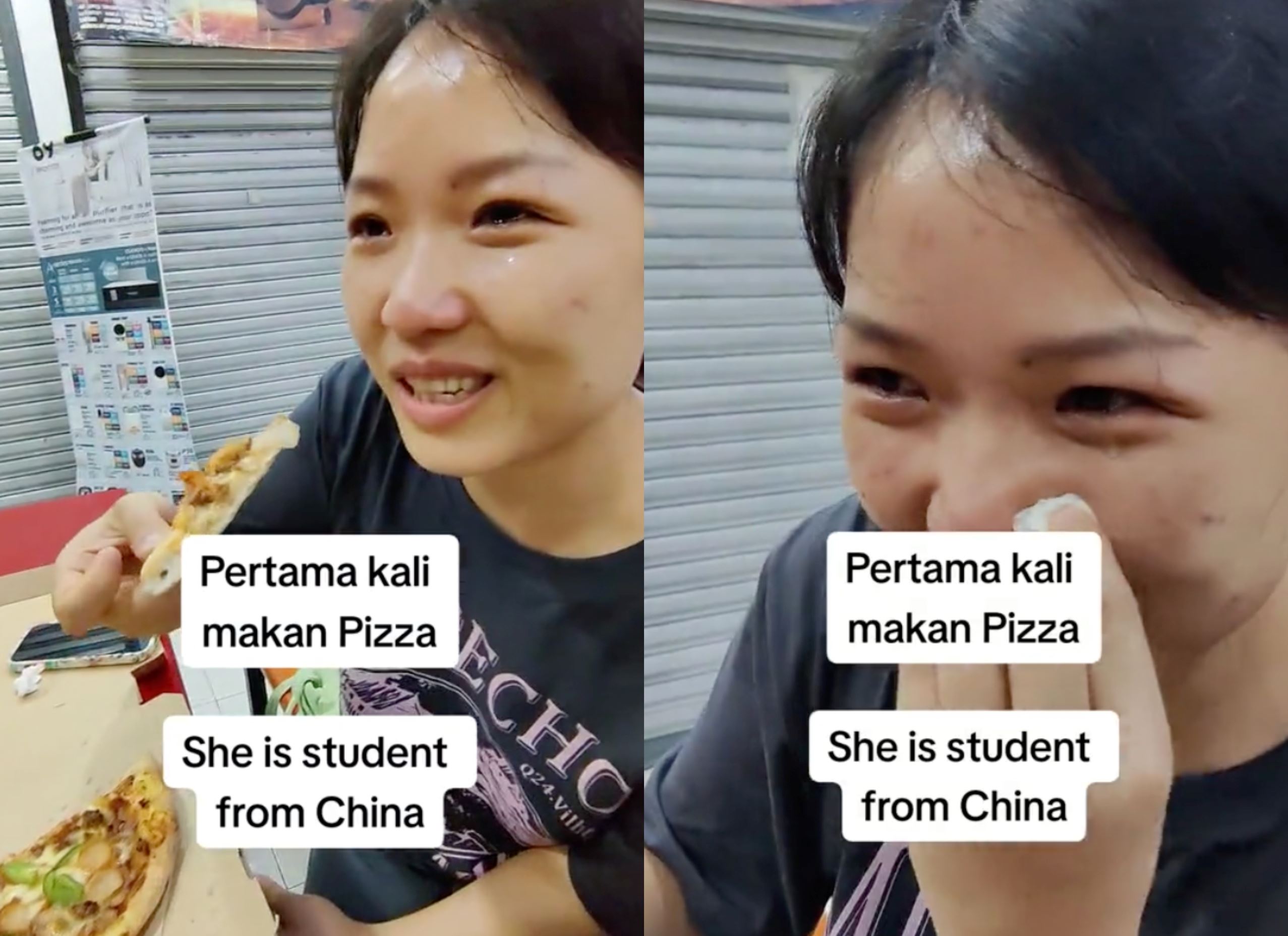 chinese student in malaysia overwhelmed with emotion as she tastes pizza for the first time