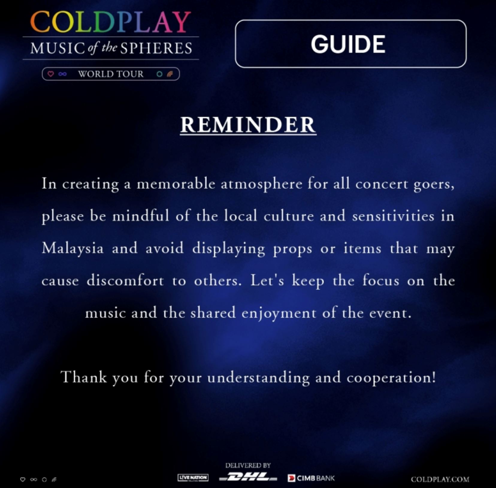 coldplay印尼场发生暴乱！大马站发布演唱会准则！