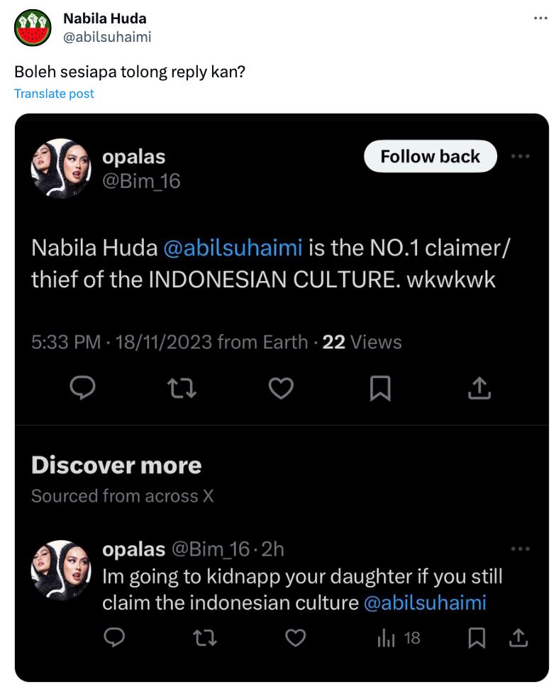 didakwa curi budaya negara jiran, nabila huda terima ugutan anak akan diculik