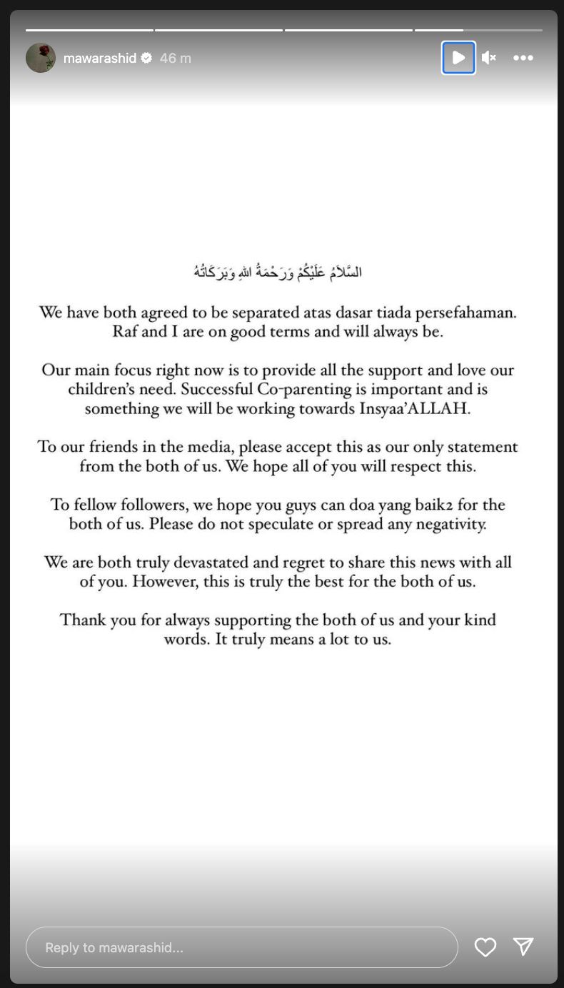 teka-teki hubungan mawar rashid dan suami terjawab, “kami setuju berpisah..”