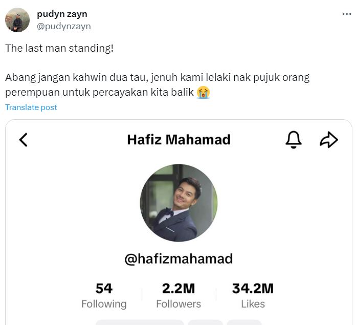 kecoh pasal kes orang ketiga, netizen harap hafiz mahamad setia pada satu