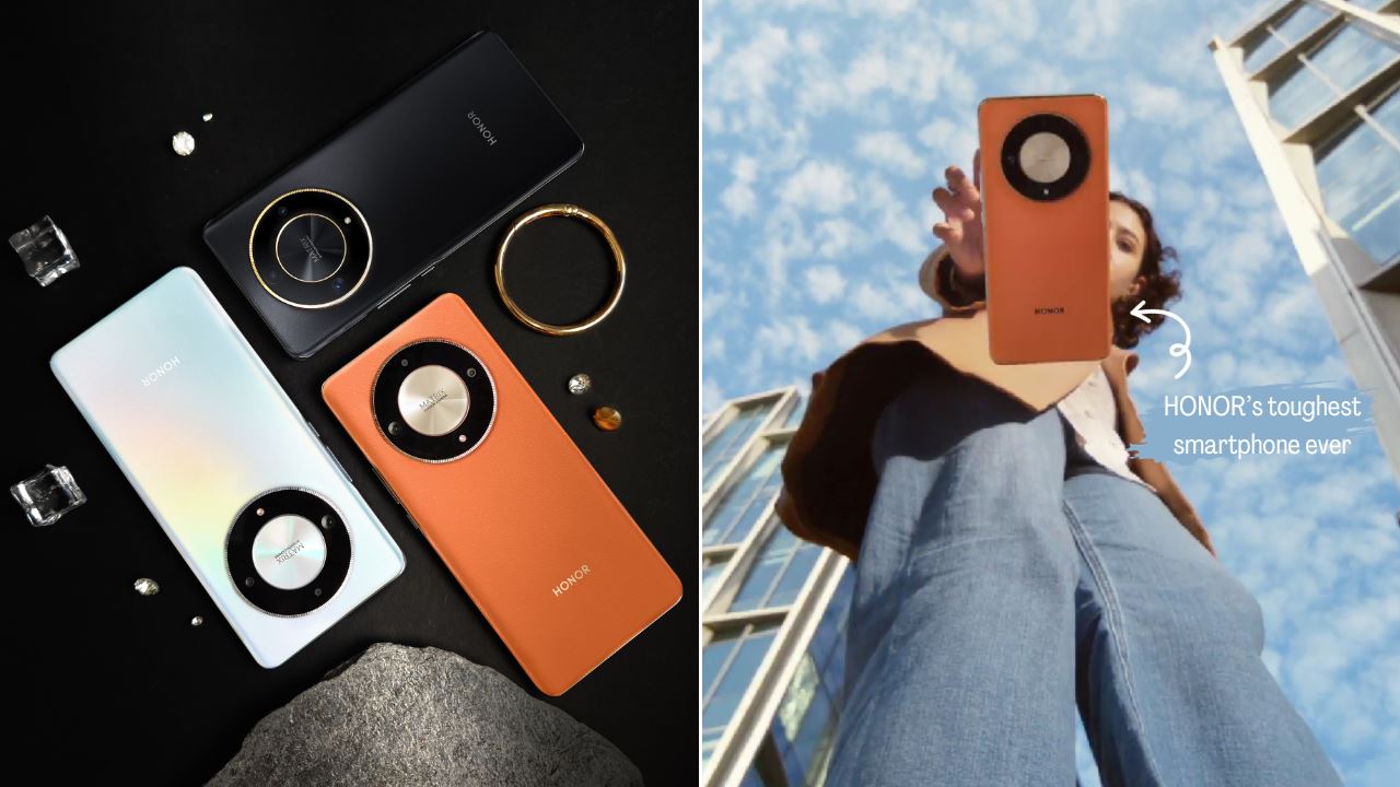 Collage of HONOR X9b phones and a woman dropping the phone