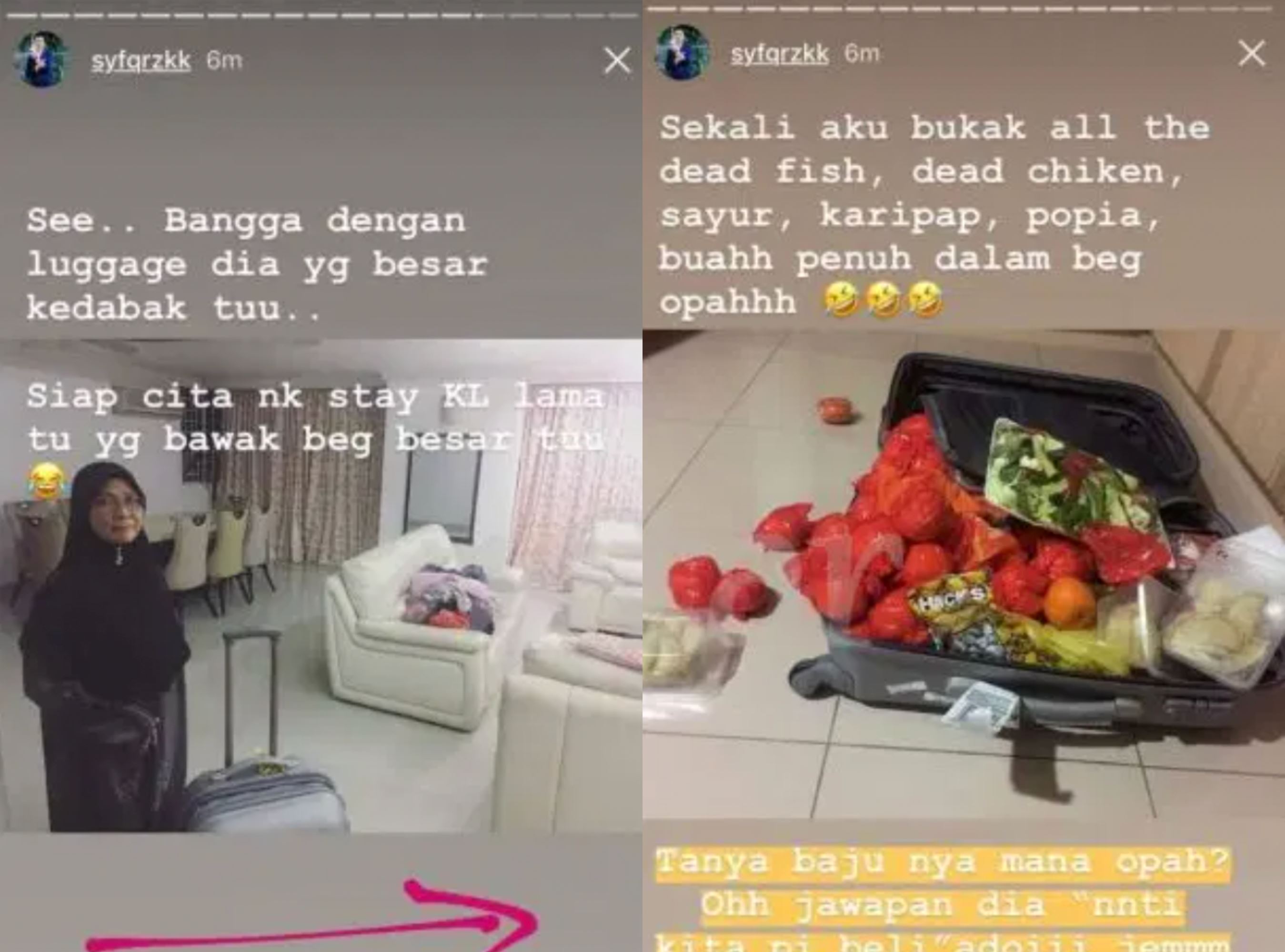 luggage packed with love: grandma from sabah brings food, not clothes, to visit grandson in kl
