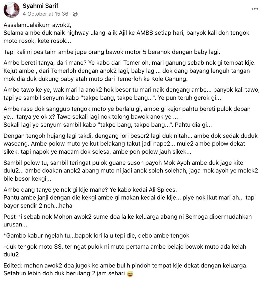 lima beranak di terengganu redah 200km ke tempat kerja naik satu motor