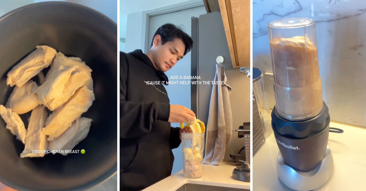 terlalu penat nak mengunyah, afgan minum jus dada ayam rebus campur pisang