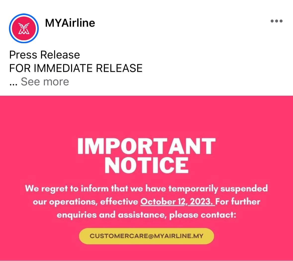 联航myairline宣布停飞！促乘客不要去机场！