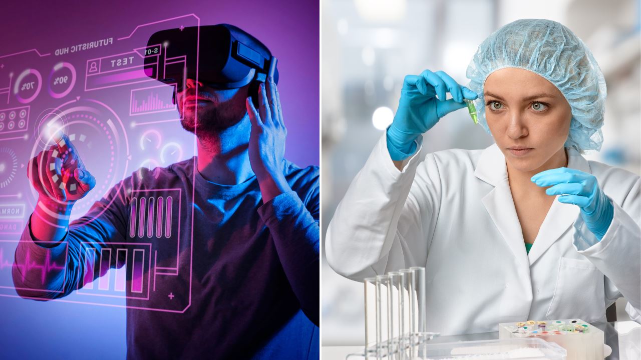 Man in VR headset and lady holding a beaker in a lab