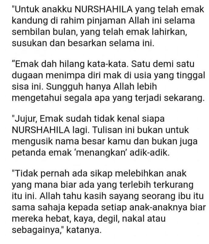 emak sudah tidak kenal siapa nurshahila - luah ibu shila amzah