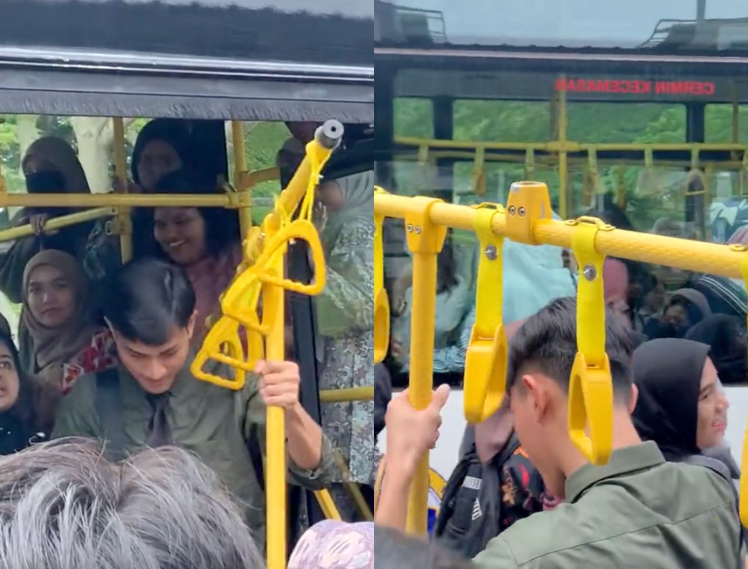 “can hang your clothes!” malaysian student playfully carries off broken uni bus handrail