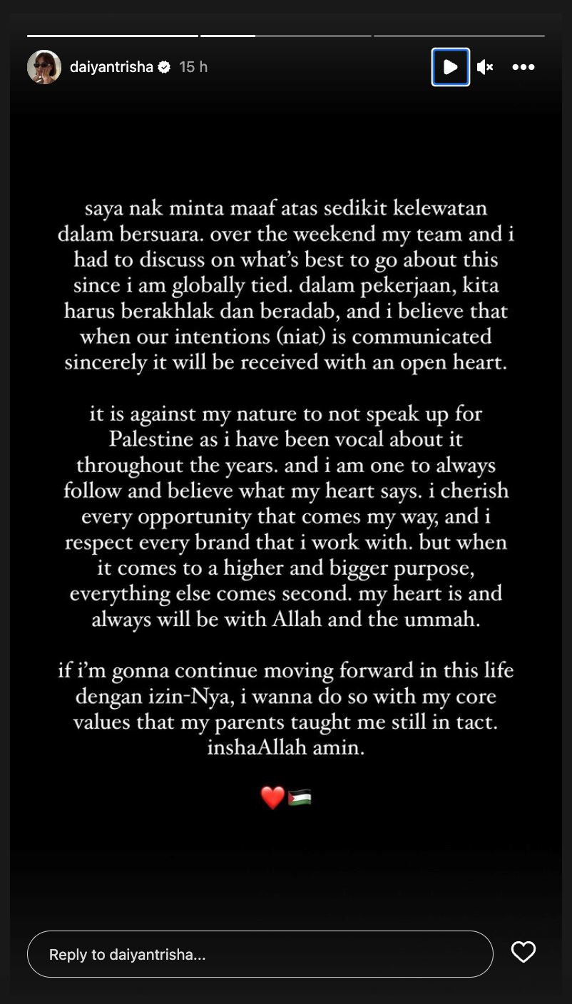 sokong palestin, daiyan trisha tak kisah hubungan dengan jenama antarabangsa terjejas 