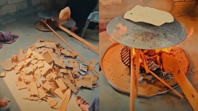 lelaki palestin guna kotak untuk nyala api, jamah roti