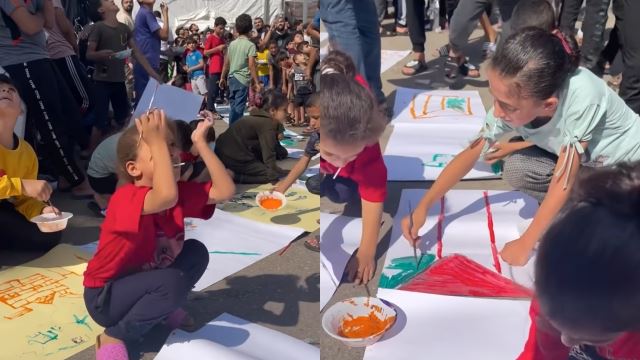 kanak-kanak palestin tersenyum dapat melukis, tak gentar serangan udara