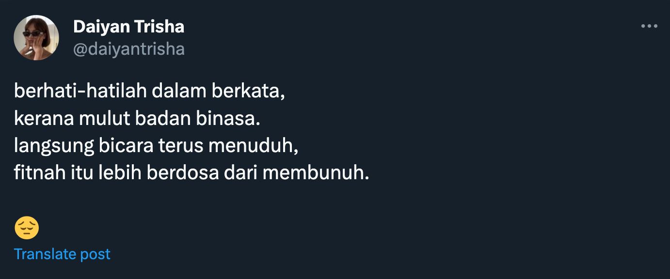 “fitnah itu lebih berdosa dari membunuh,” daiyan trisha kesal nama dipetik netizen