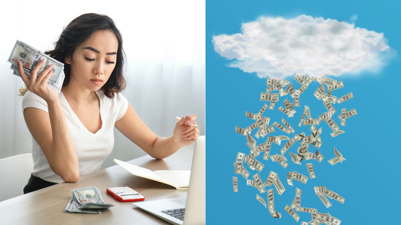 a person calculating while looking at a calculator and a cloud that’s raining money