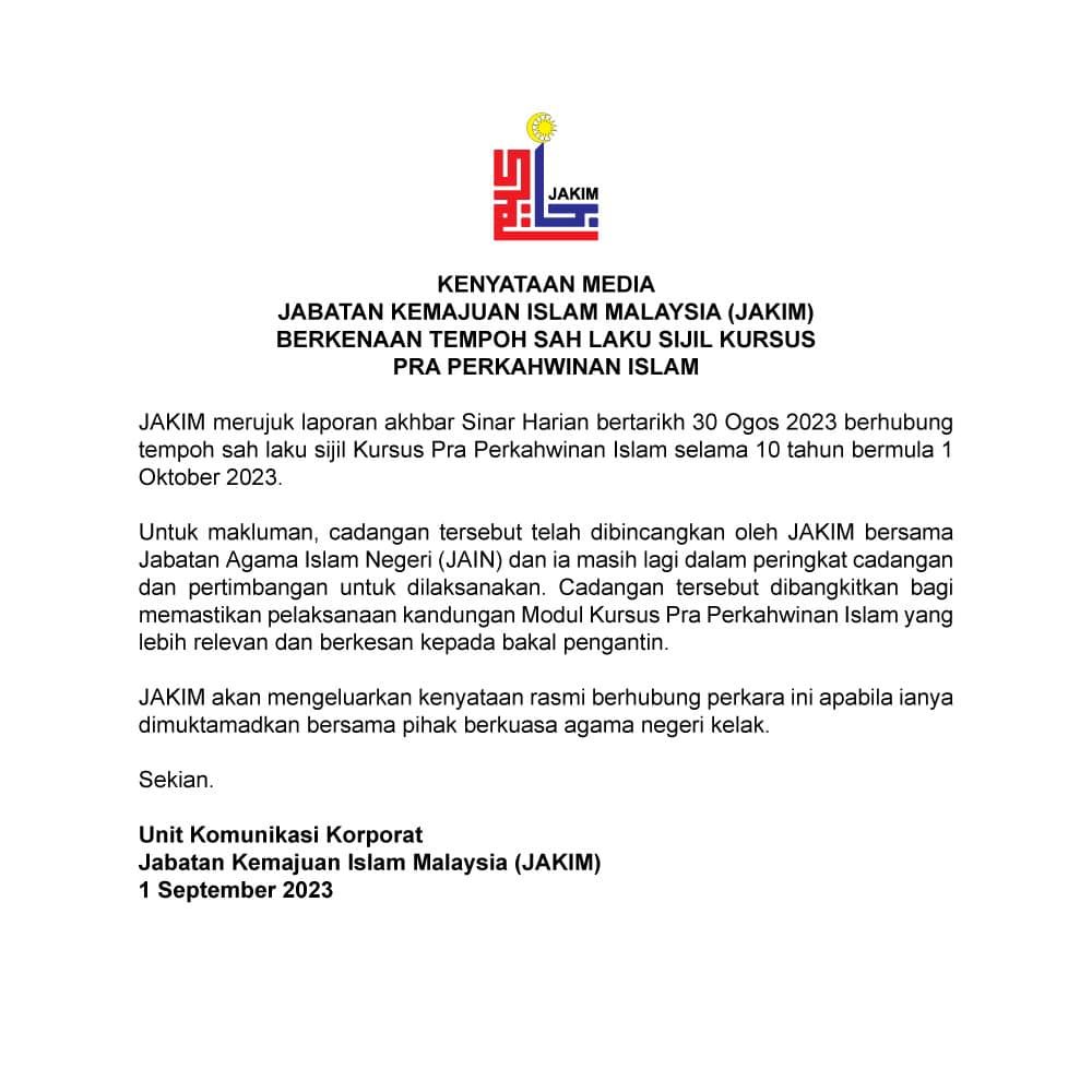 tempoh sah laku 10 tahun sijil kursus kahwin masih peringkat cadangan jakim