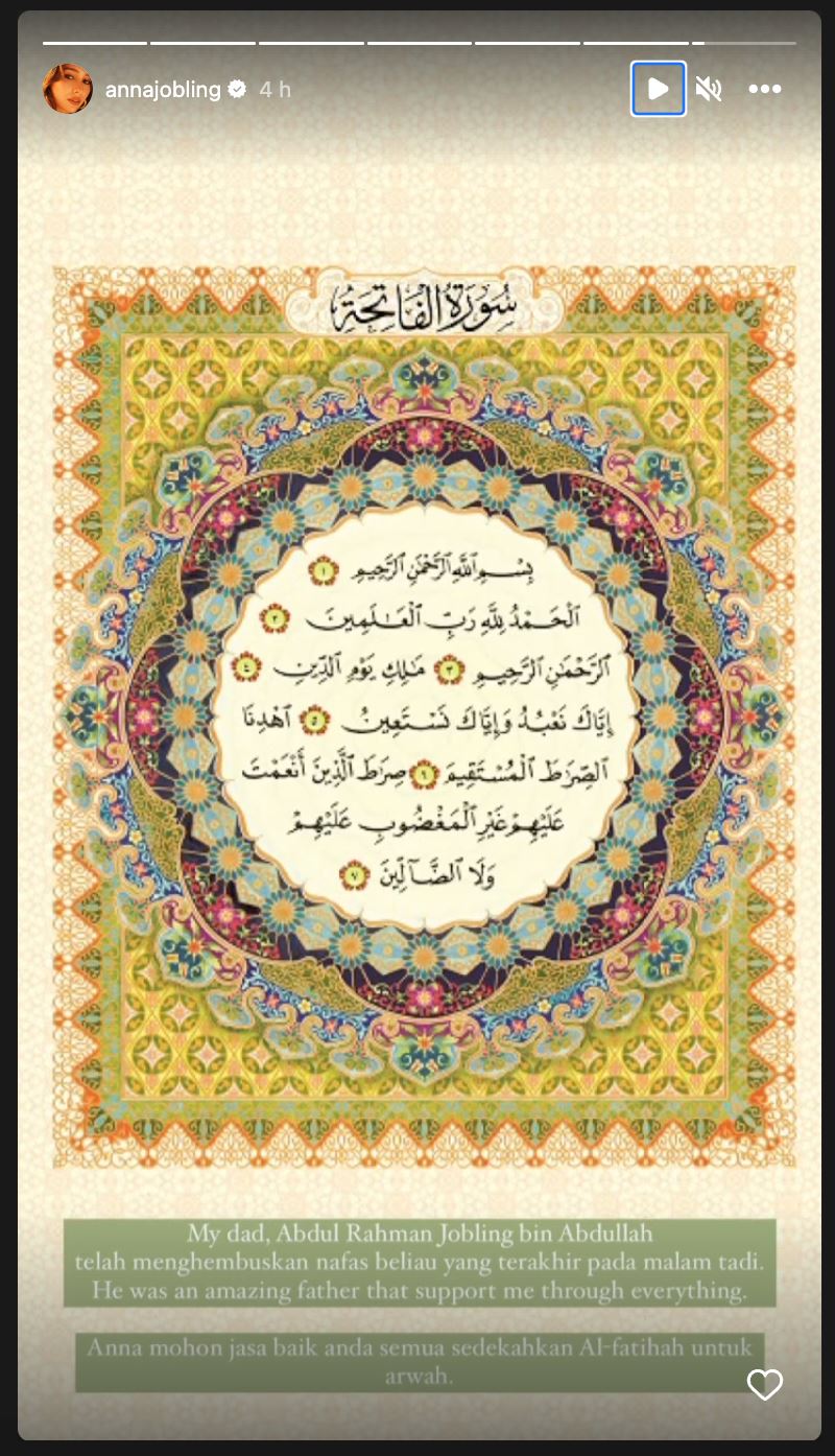 bapa anna jobling meninggal dunia, “anna mohon jasa baik anda sedekah al-fatihah..”