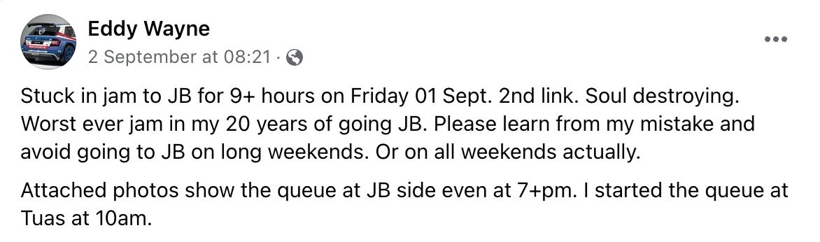 so penat! singaporean driver endures 9-hour traffic jam on journey to johor bahru