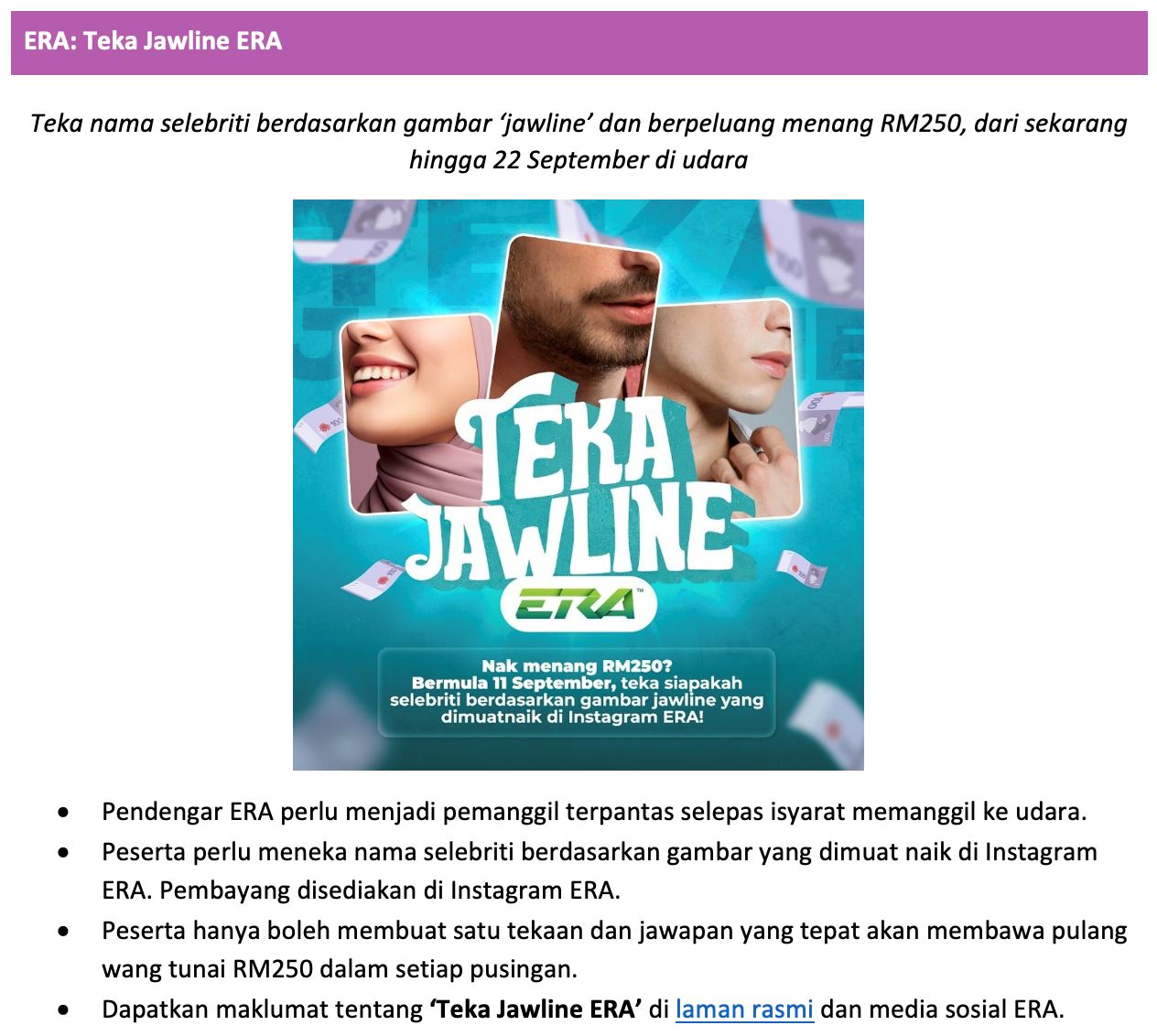 menang wang tunai menarik di era, sinar, gegar dan zayan pada september ini, caranya mudah je!