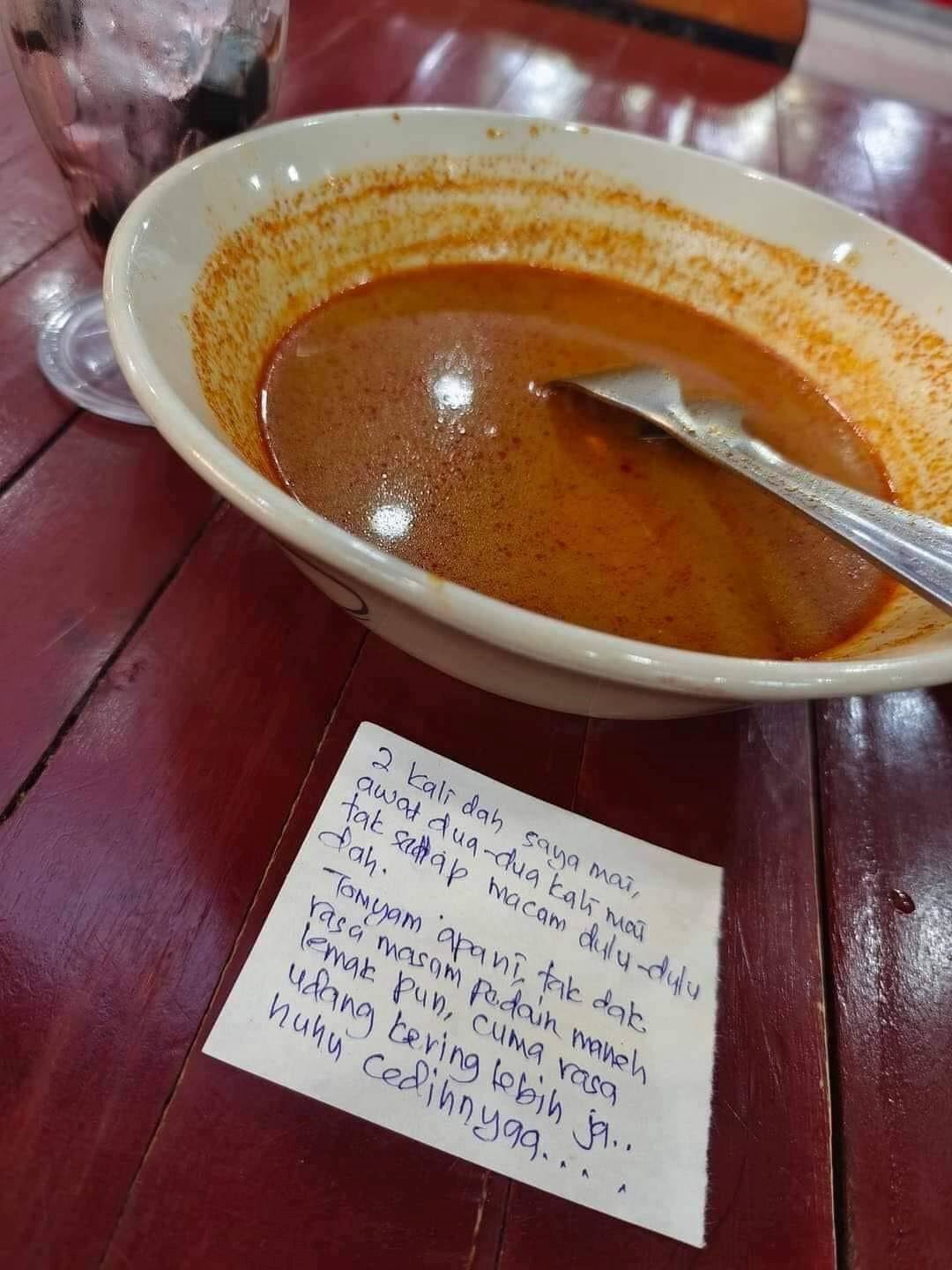 netizens praise malaysian customer's honest note for food feedback: not as good as before