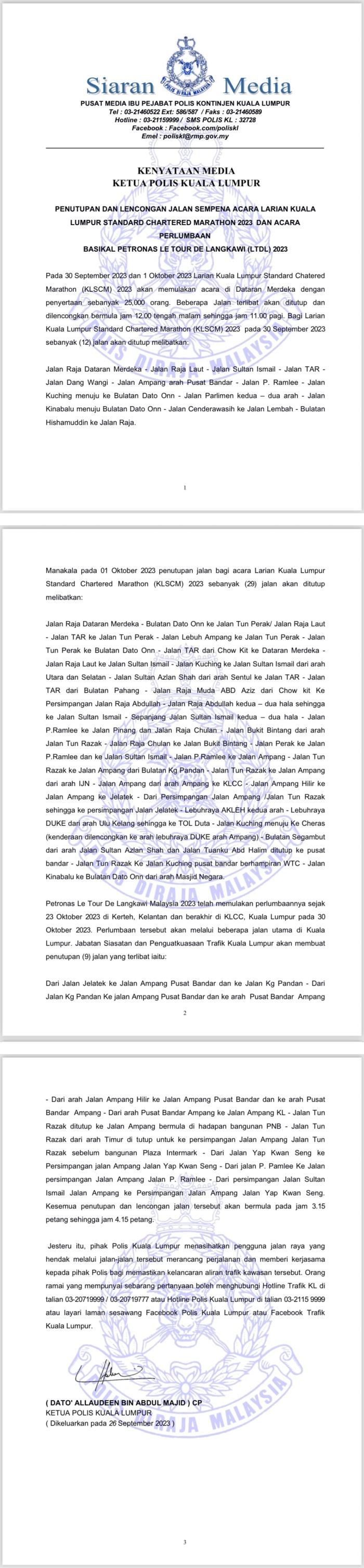 banyak laluan sekitar kuala lumpur akan ditutup sabtu, ahad ini